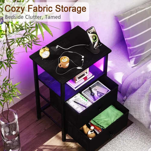 Miniatura 5 de LOAKEKEL Mesita de noche LED con estación de carga, mesita de noche pequeña con puertos USB y tomas, 2 cajones de almacenamiento de tela con acabado