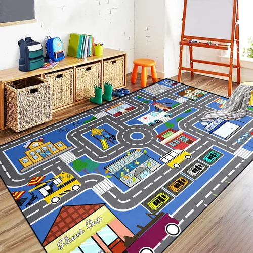 Miniatura 8 de Alfombra de juego para niños (2.6 x 5 pies), 2 unidades, alfombra de carretera para niños, alfombra de mapa de ruta de la ciudad, alfombra