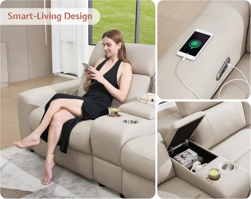 Miniatura 5 de Sofá Reclinable Eléctrico AMERLIFE, Sofá Reclinable con Consola y Reclinación Dual, Sofá Seccional de Cuero para Sala de Estar, Beige Marrón