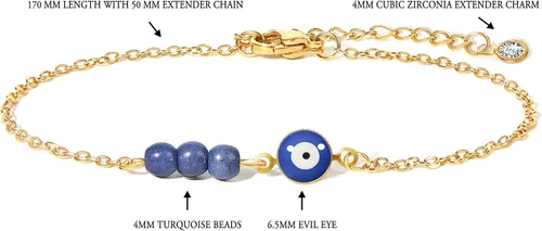 Miniatura 2 de Pulseras contra el mal de ojo para mujer, acero inoxidable de oro de 14 quilates, pulsera de cuentas de turquesa, pulsera de cadena delicada, regalo