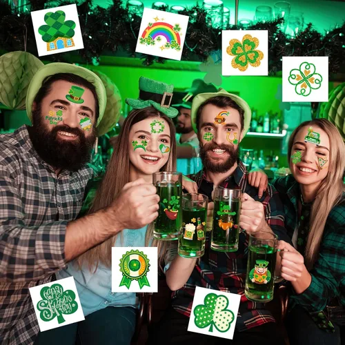Miniatura 7 de HOWAF 96 tatuajes temporales del día de San Patricio, calcomanías de tatuaje de trébol con purpurina para decoraciones de fiesta irlandesa, tatuajes