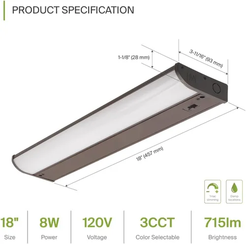 Miniatura 2 de ASD Iluminación LED para debajo del gabinete color bronce, 45,7 cm 8W 715 lm, luces regulables cableadas para debajo del gabinete para cocina