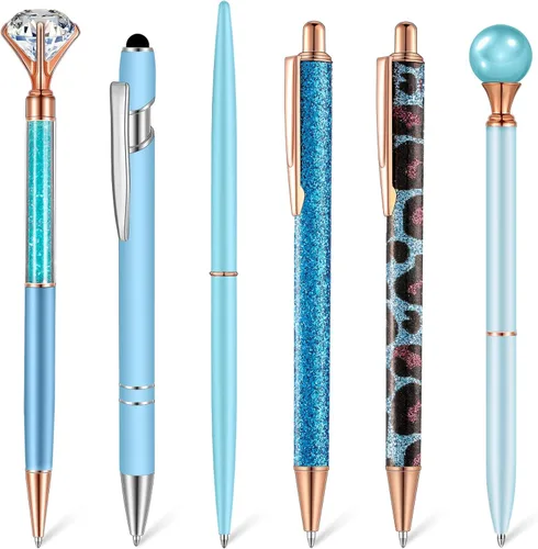 Miniatura 13 de Qeeenar Juego de 6 bolígrafos de bola de metal con cristales de diamante para diario, bonitos y brillantes, elegantes artículos de papelería, tinta