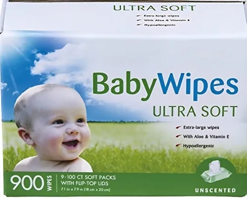 Miniatura 2 de Toallitas ultrasuaves para bebé, extra grandes, sin perfume, 900 unidades, con aloe y vitamina E, hipoalergénicas, 9 paquetes abatibles