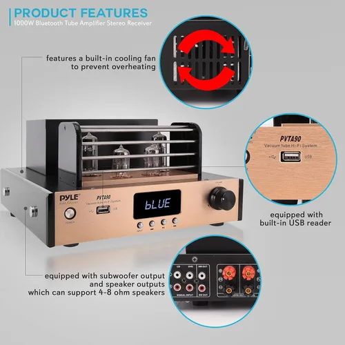 Miniatura 6 de Pyle Amplificador de Tubo Bluetooth Receptor Estéreo - Amplificador de Potencia Estéreo de Audio para el Hogar de 1000W Receptor Amplificador