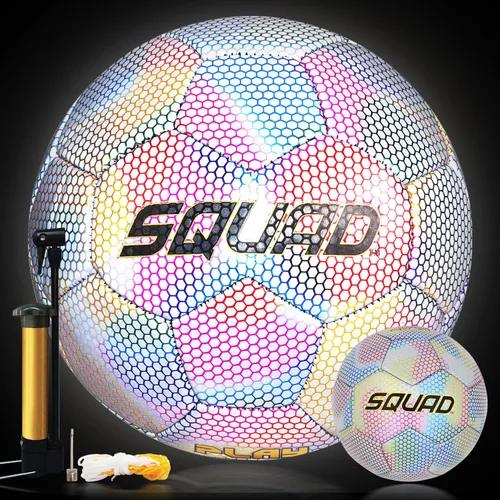Miniatura 10 de SQUAD Balón de fútbol holográfico reflectante tamaño 5 – Pelota reflectante brillante para juegos nocturnos y entrenamiento – Cuero sintético