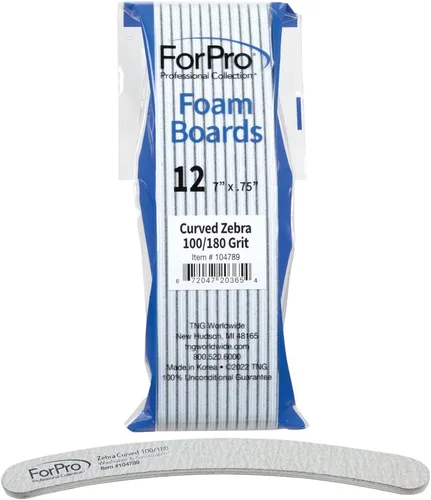 ForPro Professional Collection Zebra - Tabla de espuma curvada, grano 100/180, limas de uñas de manicura y pedicura de doble cara, 7 pulgadas de