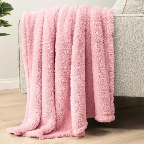 Miniatura 5 de PAVILIA Manta de sherpa para sofá, manta de felpa cálida y esponjosa rosa claro para cama, acogedora manta súper suave y ligera, manta decorativa