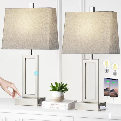 Miniatura 12 de Lolikit Juego de 2 lámparas de mesa de 25 pulgadas, lámpara de mesa moderna para sala de estar con 2 puertos de carga USB, lámpara de noche Gris