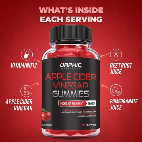 Miniatura 3 de ORPHIC NUTRITION Gomitas de vinagre de sidra de manzana de 1000 mg - ACV sin filtrar con vitamina B12, remolacha y granada (60 piezas)