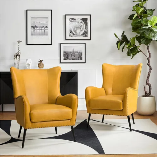 Miniatura 12 de HULALA HOME Silla decorativa de piel sintética con cojín extraíble, cómodo sillón tapizado con patas de metal negro y ribete de cabeza de clavo