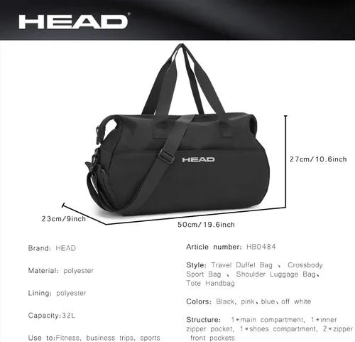 Miniatura 4 de HEAD Bolsa de deporte para mujer, bolsa de viaje impermeable de 32 litros con compartimento separado para zapatos, 4 formas de llevar, bolsa