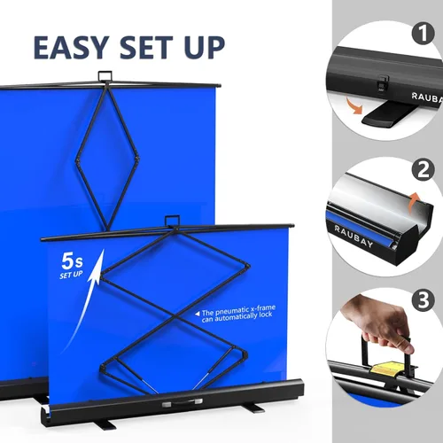 Miniatura 4 de 【Fácil configuración】 RAUBAY Fondo de pantalla azul plegable de 59.8 x 82.7 pulgadas, panel de croma key portátil y retráctil, fondo fotográfico