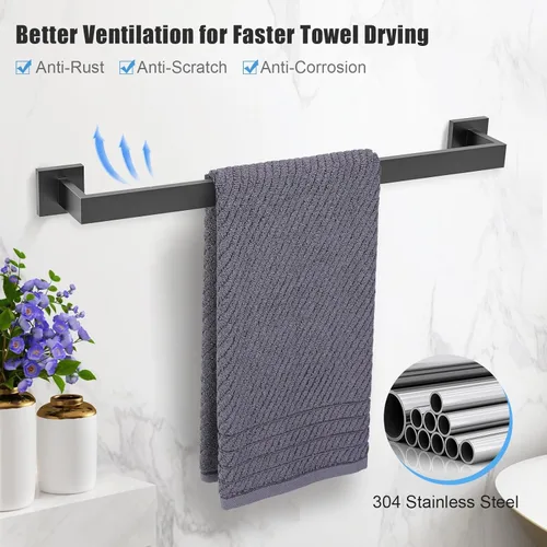 Miniatura 2 de TURS Juego de accesorios de baño negro de 4 piezas, incluye toallero de 24 pulgadas, soporte para toallas de mano, gancho para toallas, soporte