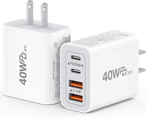 Miniatura 8 de [Paquete de 2/40W] Bloque de cargador de pared USB C de 4 puertos, cubo de carga rápida de ladrillo de alimentación tipo C Power Delivery, enchufe
