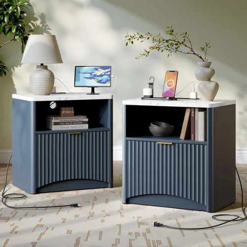 Miniatura 13 de Evermagin Mesita de noche acanalada, mesita de noche de roble natural con cajón y almacenamiento, mesa auxiliar de madera moderna de mediados