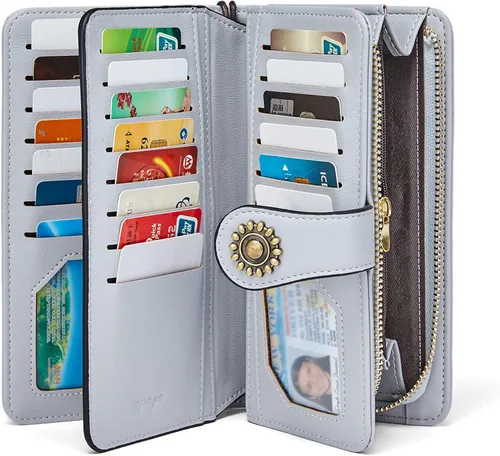Miniatura 8 de OPAGE Cartera de cuero de gran capacidad para mujer con bloqueo RFID y cremallera alrededor