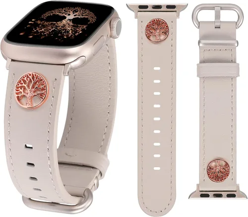 Miniatura 10 de W-RARA Correas de cuero compatibles con Apple Watch Band de 38/40/41/42/44/45/46/1.929 in para mujer, elegante correa de cuero elegante con dijes