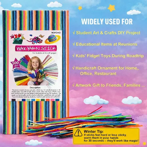 Miniatura 5 de 500 varillas Wiky para niños – Varillas de hilo de cera sensorial sin desorden para niños pequeños, juguetes de viaje para viajes por carretera