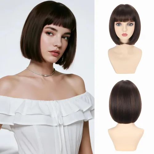 Miniatura 12 de Peluca Bob Marrón Ceniza con Flequillo, Peluca Corta y Lisa para Mujeres y Niñas, 12 Pulgadas, Resistente al Calor, Peluca de Cabello Bob Sintético