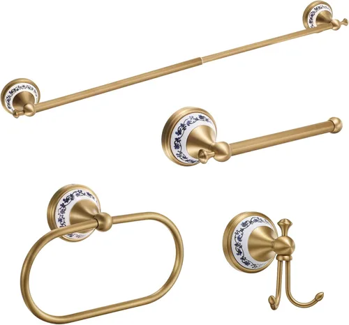Miniatura 9 de Juego de 4 piezas de accesorios de baño de latón antiguo dorado, juego de toallero montado en la pared y anillo para toallas y soporte para papel