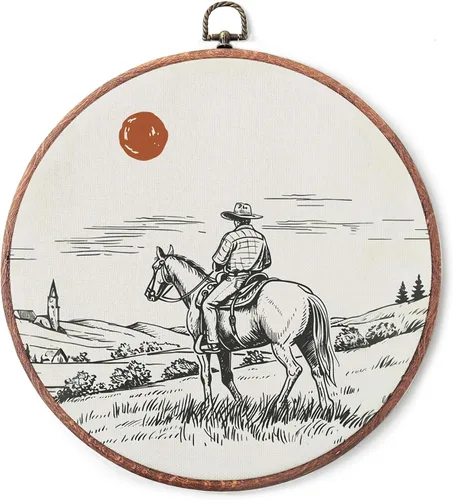 IDUXIY Decoración de pared vintage de vaquero occidental, impresión en lienzo retro de granja redonda para colgar en la pared, enmarcada, 10 x 10