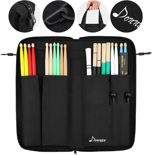 Donner - Porta baquetas de gran capacidad con espesor, bolsa para baquetas, colgante y portátil para baquetas, cepillos y mazos, hasta 12 pares,