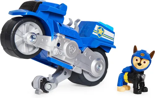 Paw Patrol, Moto Pups Deluxe de Chase, vehículo de motocicleta de tracción que hace piruetas y figura de juguete