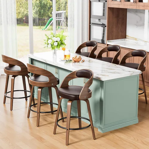 Miniatura 31 de YaFiti Taburetes de bar, taburetes de bar de 26 pulgadas de altura de mostrador con patas de madera curvada, taburetes giratorios con respaldo