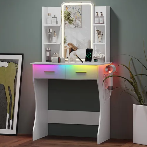 Miniatura 16 de Mesa de Tocador Pequeña con Espejo y Luces, Tocador de Maquillaje con Espejo Iluminado por LED, Tocador con Luces y Silla, Mesa de Vestir Ajustable