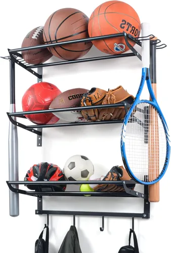 XCSOURCE Organizador de equipos deportivos, estante de almacenamiento de bolas de 3 niveles con soportes para bates y raquetas, estante de