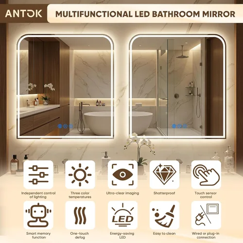 Miniatura 8 de Antok Espejo LED de baño, espejo LED con luces para baño, espejos de tocador iluminados para pared, antivaho, regulable, vidrio templado, función