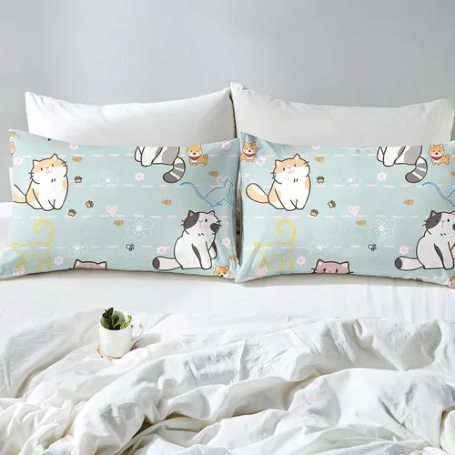 Miniatura 3 de Juego de ropa de cama de tamaño individual, edredón de gatos de dibujos animados para niñas, niños y adolescentes, juego de edredón azul