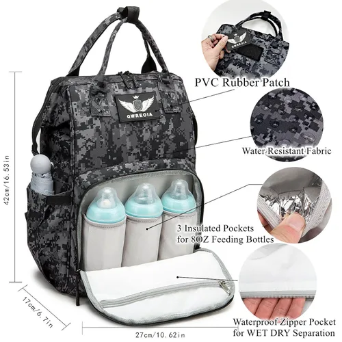 Miniatura 2 de Mochila para pañales con puerto de carga USB, correas para cochecito y bolsillo aislado, mochila militar del ejército de viaje para papá/mamá negro
