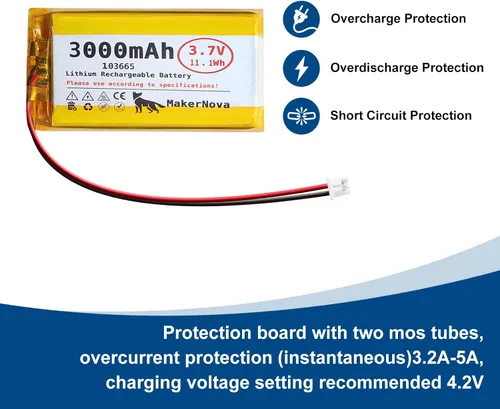 Miniatura 6 de Paquete de 4 baterías LiPo de 3.7 V 103665 3000 mAh, 1S 3C recargable, conector Micro JST 1.25, placa de protección dual