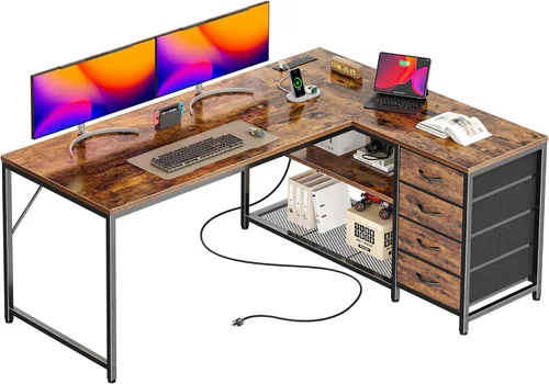 Miniatura 13 de PRAISUN Escritorio en forma de L de 53" con tomas de corriente y puerto USB-C, escritorio reversible de esquina para computadora de oficina con 4