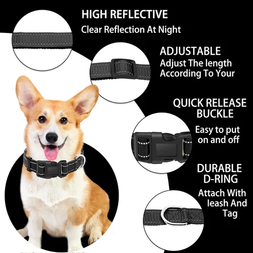 Miniatura 2 de collar reflectante para perro con hebilla de seguridad de cierre, collares de nylon ajustables, suaves y transpirables para perros pequeños, Negro