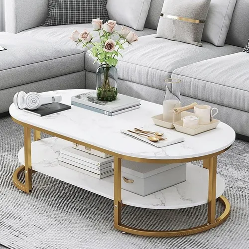Miniatura 4 de Mesa auxiliar, moderna y ovalada, mesa de centro minimalista de madera para sala de estar, almacenamiento gris oscuro incluido, 39.5 pulgadas