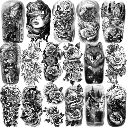 77 hojas de tatuajes temporales para hombres y mujeres, 17 hojas de tatuajes falsos de medio brazo, pecho y hombro, 60 hojas de tatuajes negros