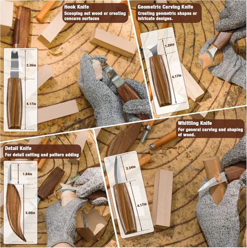 Miniatura 4 de Kit de tallado de madera, 23 piezas de herramientas de tallado de madera con 4 cuchillos de tallado de madera, 5 cuchillos de detalle, 9 bloques