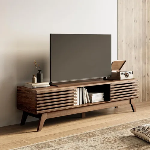AODK Soporte de TV de 59 pulgadas para televisores de 55/60/65 pulgadas, moderno centro de entretenimiento acanalado de mediados de siglo con