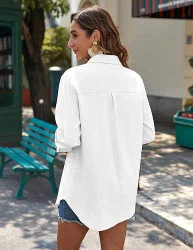 Miniatura 3 de Zeagoo - Blusas de lino con botones para mujer, de gasa, algodón, manga larga, blusas informales con cuello, corte holgado