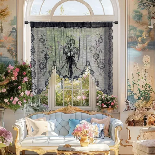 Miniatura 2 de Cenefa de cortina de encaje transparente con bordado floral negro, estilo princesa, estilo princesa, cenefa de cortina bordada en cascada