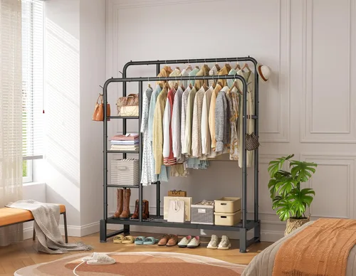 Miniatura 2 de Perchero de doble barra con estantes de almacenamiento de 4 niveles, perchero para colgar ropa, organizador multifuncional de ropa resistente