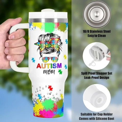 Miniatura 5 de Regalos para mamá, vaso de concientización sobre el autismo, vaso de 40 onzas con asa para mamá autista Autismo Mamá