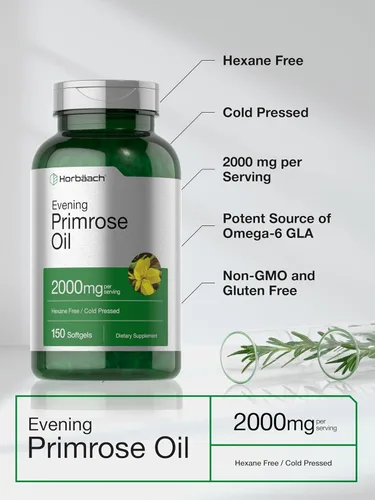 Miniatura 4 de Horbäach Cápsulas blandas de aceite de onagra 2000 mg 150 píldoras Suplemento prensado en frío, sin hexano con GLA Sin OMG, sin gluten