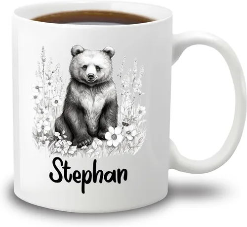 Taza de café con nombre personalizado de oso de 11 y 15 onzas, taza de cerámica blanca con dibujo a lápiz de oso personalizado, regalo para niños,