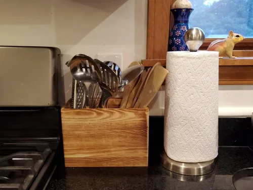 Miniatura 9 de Soporte de utensilios de madera para encimera de cocina, organizador grande de utensilios de 2 compartimentos para encimera, soporte de herramientas