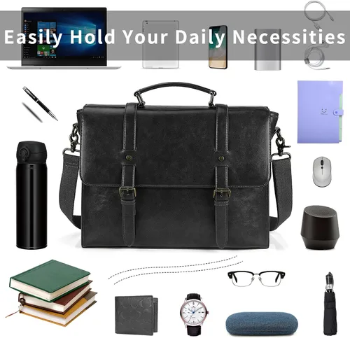 Miniatura 4 de Bolso bandolera de cuero para hombre, estilo vintage, de 15.6 pulgadas, impermeable, de cuero, para laptop, bolsa de hombro grande, bolsa de hombro