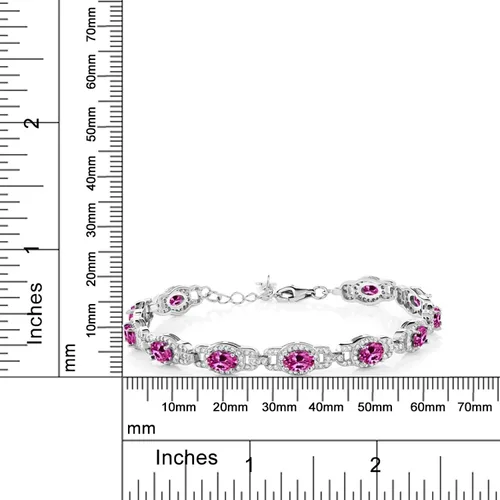 Miniatura 3 de Gem Stone King Pulsera de tenis de plata de ley 925 ovalada con zafiro creado en rosa para mujer